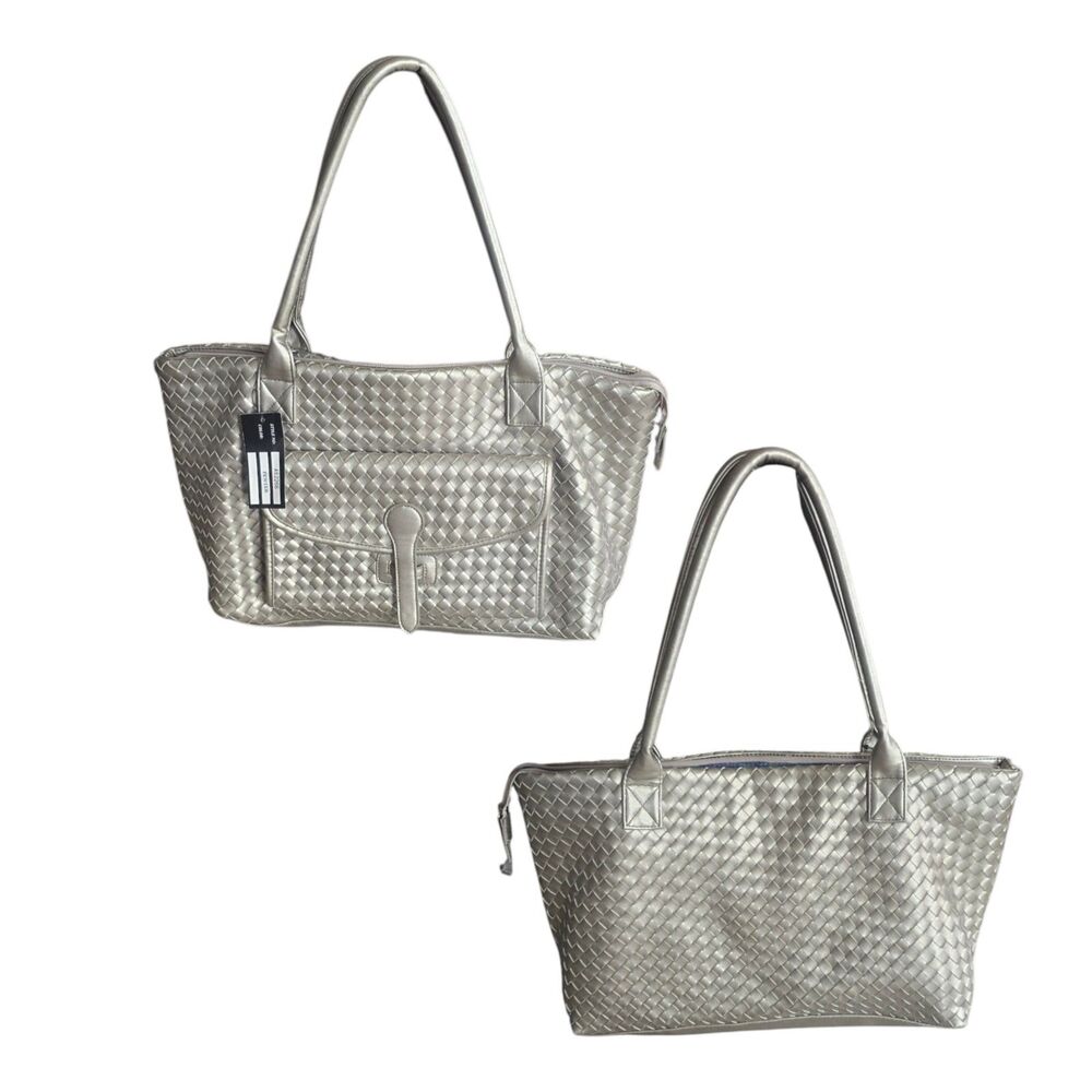 Sondra Roberts Silver Woven Tote Shoulder Bag Metallic Handbag NWT